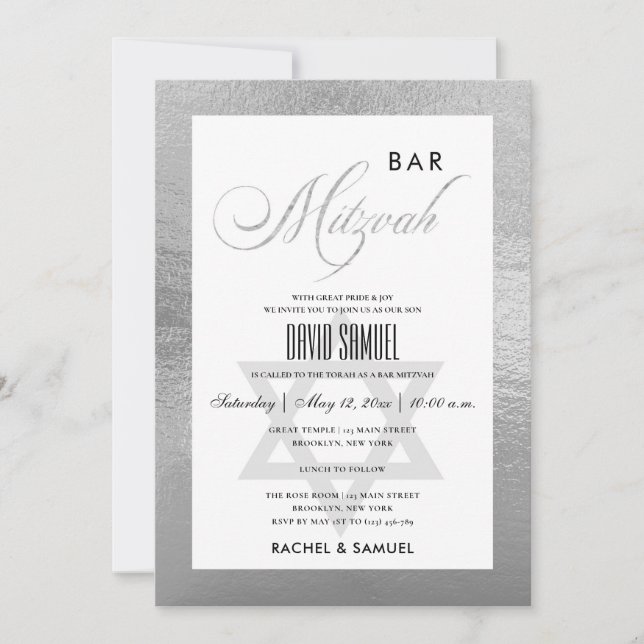 INVITACIÓN ELEGANTE FAUX SILVER BAR MITZVAH (Anverso)