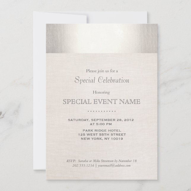 Invitación Elegante Faux Silver Striped Beige Linen look (Anverso)