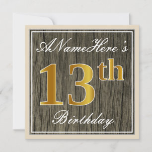 Invitación Elegante, Faux Wood, Faux Gold 13th Birthday + Nam