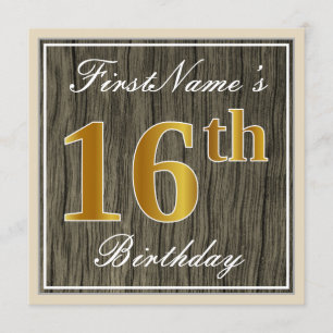 Invitación Elegante, Faux Wood, Faux Gold 16th Birthday + Nam