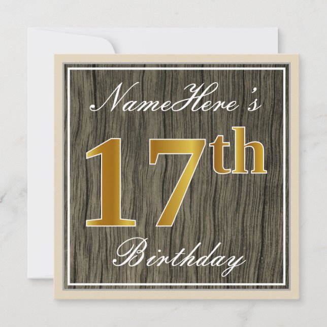 Invitación Elegante, Faux Wood, Faux Gold 17th Birthday + Nam (Anverso)