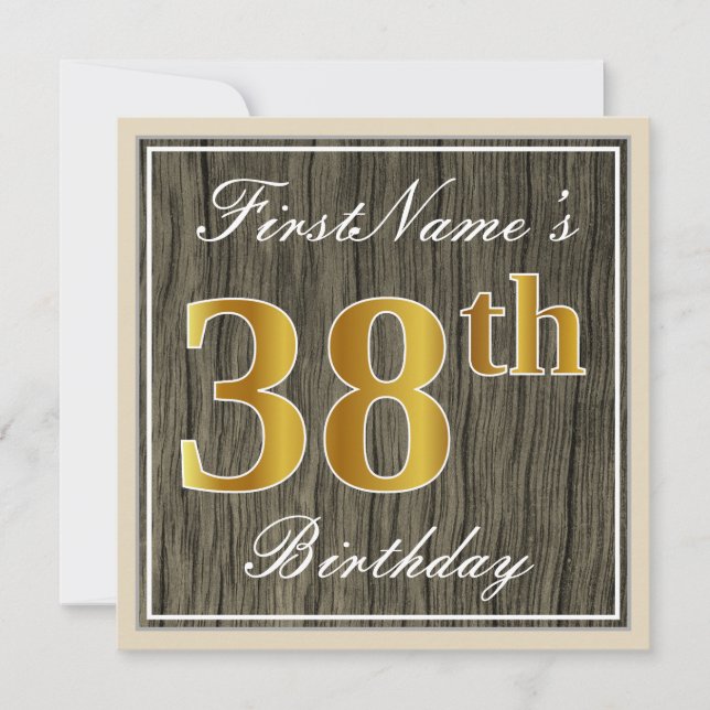 Invitación Elegante, Faux Wood, Faux Gold 18 cumpleaños + nom (Anverso)