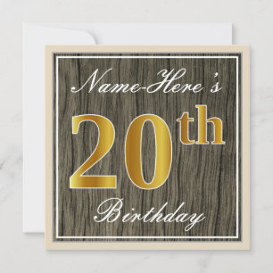 Invitación Elegante, Faux Wood, Faux Gold 20th Birthday + Nom