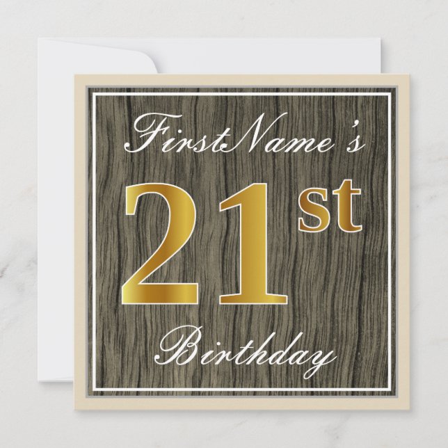 Invitación Elegante, Faux Wood, Faux Gold 21st Birthday + Nom (Anverso)