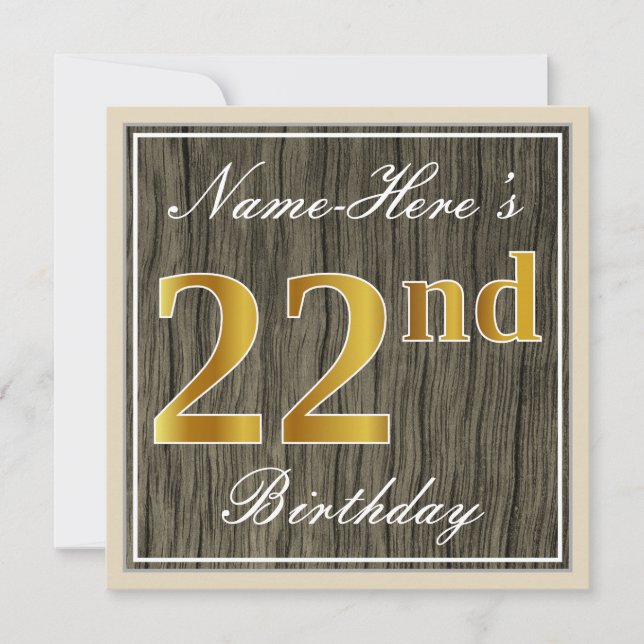 Invitación Elegante, Faux Wood, Faux Gold 22nd Birthday + Nom (Anverso)