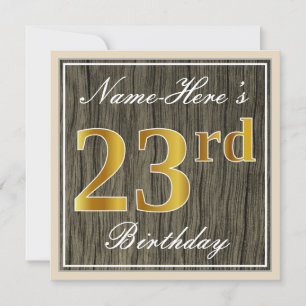 Invitación Elegante, Faux Wood, Faux Gold 23rd Birthday + Nam