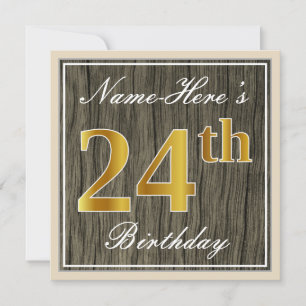 Invitación Elegante, Faux Wood, Faux Gold 24th Birthday + Nom