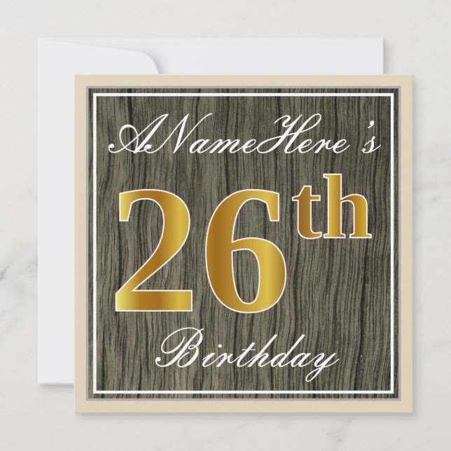 Invitación Elegante, Faux Wood, Faux Gold 26th Birthday + Nam (Anverso)