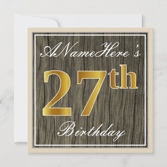 Invitación Elegante, Faux Wood, Faux Gold 27th Birthday + Nom (Anverso)