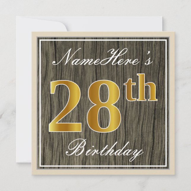 Invitación Elegante, Faux Wood, Faux Gold 28th Birthday + Nam (Anverso)