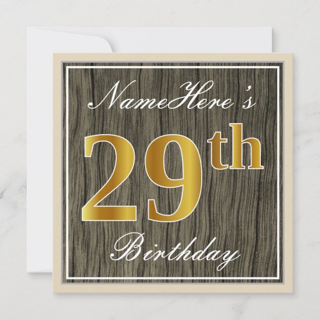 Invitación Elegante, Faux Wood, Faux Gold 29th Birthday + Nom (Anverso)
