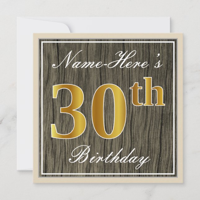 Invitación Elegante, Faux Wood, Faux Gold 30th Birthday + Nam (Anverso)