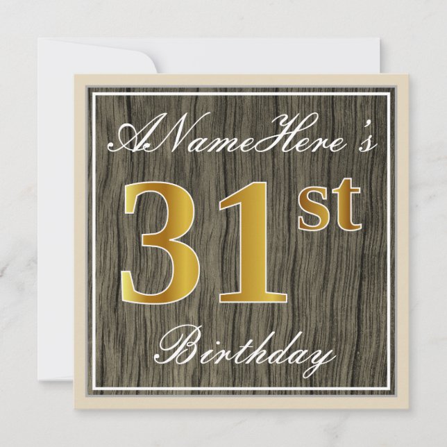 Invitación Elegante, Faux Wood, Faux Gold 31st Birthday + Nom (Anverso)