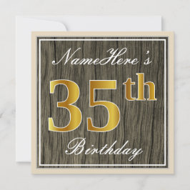 Invitación Elegante, Faux Wood, Faux Gold 35th Birthday + Nam