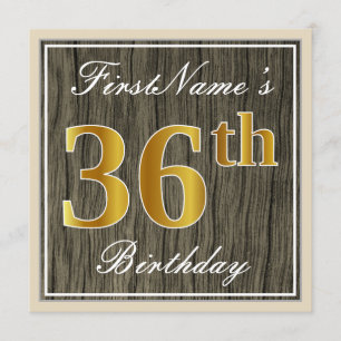 Invitación Elegante, Faux Wood, Faux Gold 36th Birthday + Nam