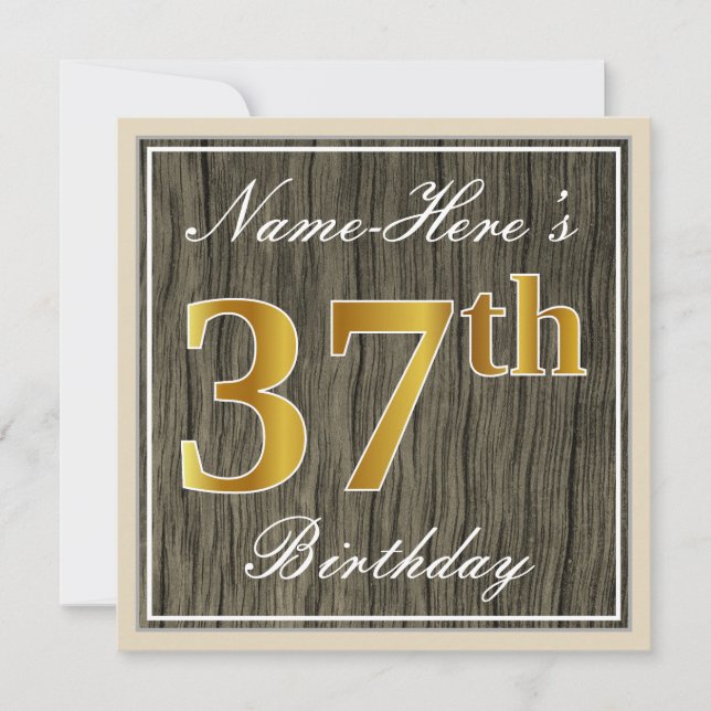 Invitación Elegante, Faux Wood, Faux Gold 37th Birthday + Nom (Anverso)