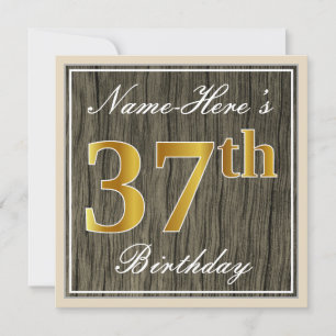 Invitación Elegante, Faux Wood, Faux Gold 37th Birthday + Nom