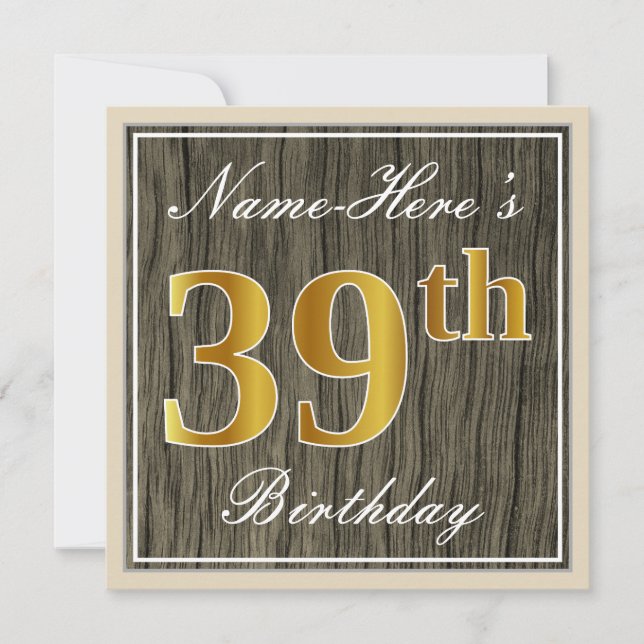 Invitación Elegante, Faux Wood, Faux Gold 39th Birthday + Nam (Anverso)