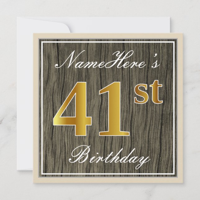 Invitación Elegante, Faux Wood, Faux Gold 41st Birthday + Nom (Anverso)