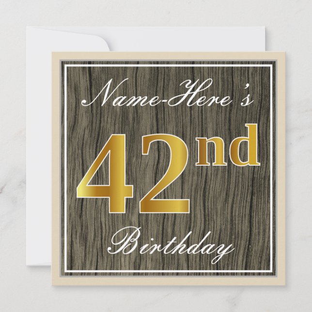 Invitación Elegante, Faux Wood, Faux Gold 42nd Birthday + Nom (Anverso)