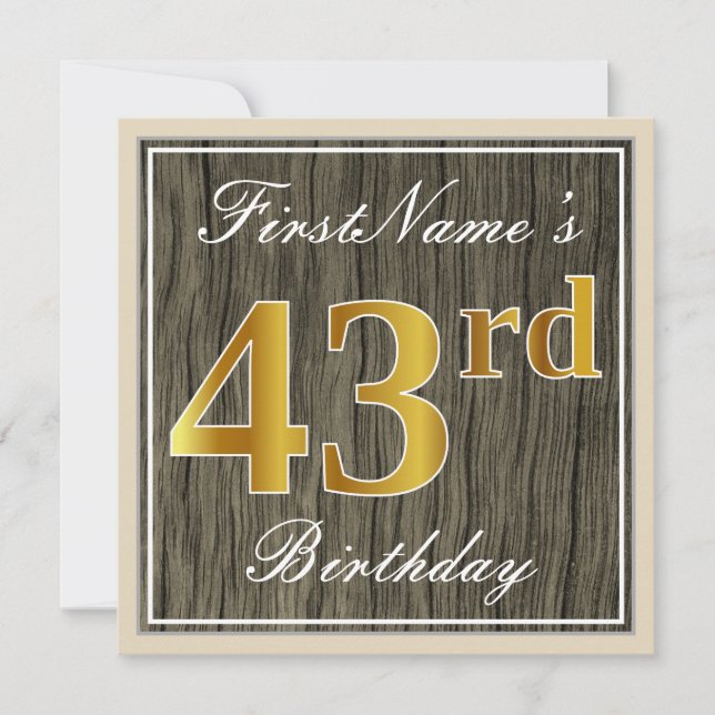 Invitación Elegante, Faux Wood, Faux Gold 43rd Birthday + Nam (Anverso)