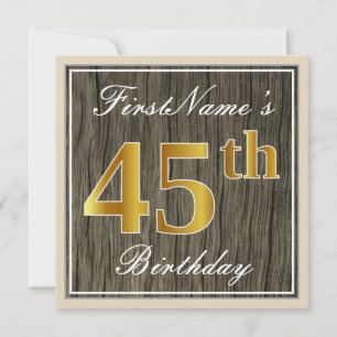 Invitación Elegante, Faux Wood, Faux Gold 45th Birthday + Nam