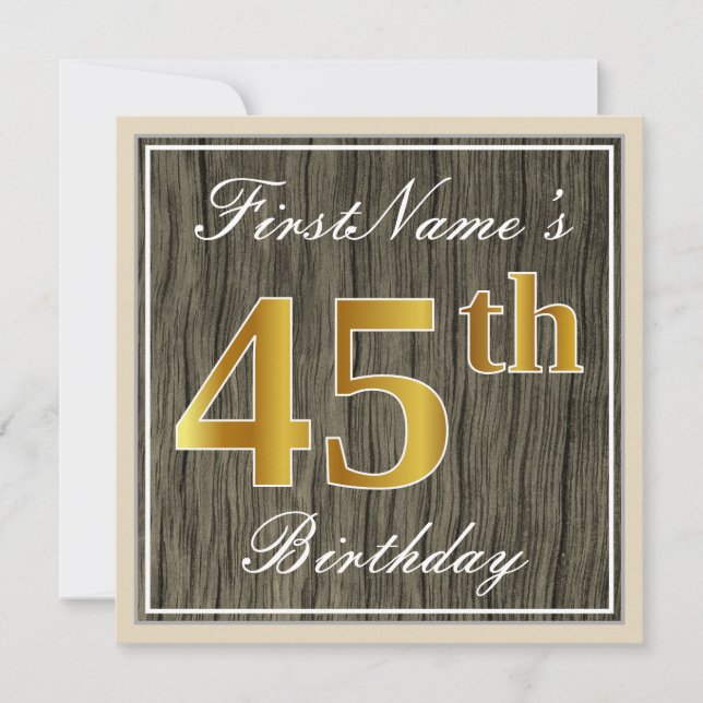 Invitación Elegante, Faux Wood, Faux Gold 45th Birthday + Nam (Anverso)