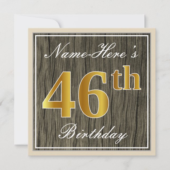 Invitación Elegante, Faux Wood, Faux Gold 46th Birthday + Nam (Anverso)