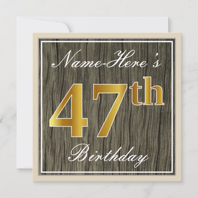 Invitación Elegante, Faux Wood, Faux Gold 47th Birthday + Nam (Anverso)