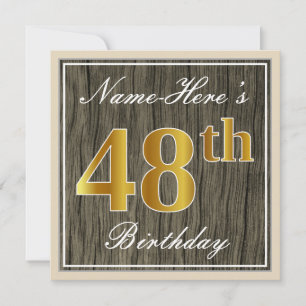 Invitación Elegante, Faux Wood, Faux Gold 48th Birthday + Nam