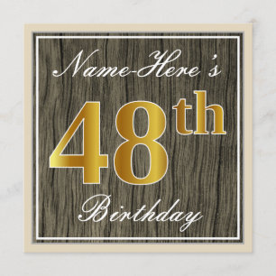Invitación Elegante, Faux Wood, Faux Gold 48th Birthday + Nam