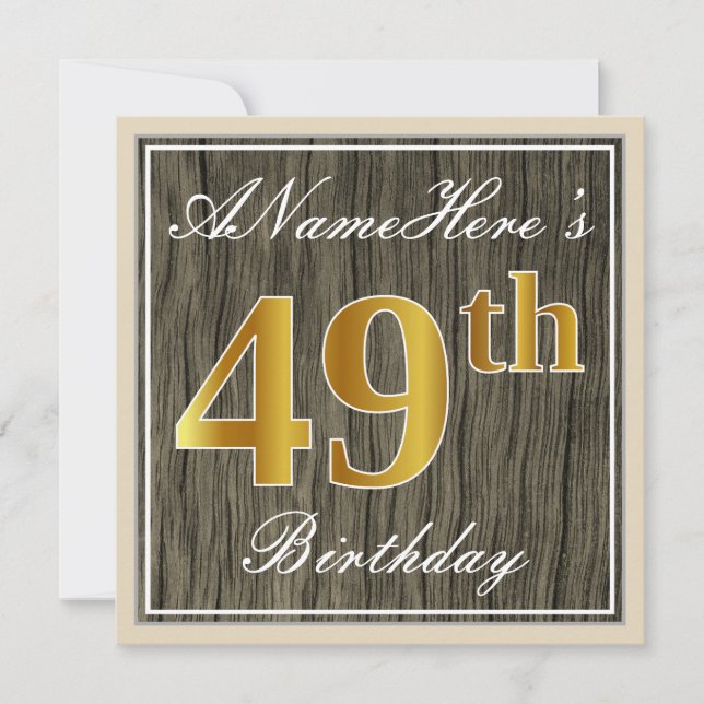 Invitación Elegante, Faux Wood, Faux Gold 49th Birthday + Nam (Anverso)