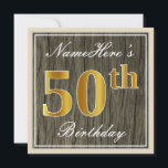 Invitación Elegante, Faux Wood, Faux Gold 50th Birthday   Nam<br><div class="desc">Este sencillo y elegante diseño de invitación para fiestas de cumpleaños incluye un mensaje personalizado como "NameHere's 50th Birthday" (con el "50th" con un toque de color falso/imitación dorado) dentro de un rústico área de apariencia de madera de imitación con un sencillo contorno fronterizo. El nombre se encuentra en un...</div>