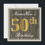 Invitación Elegante, Faux Wood, Faux Gold 50th Birthday   Nam<br><div class="desc">Este sencillo y elegante diseño de invitación para fiestas de cumpleaños incluye un mensaje personalizado como "NameHere's 50th Birthday" (con el "50th" con un toque de color falso/imitación dorado) dentro de un rústico área de apariencia de madera de imitación con un sencillo contorno fronterizo. El nombre se encuentra en un...</div>