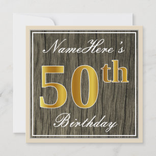 Invitación Elegante, Faux Wood, Faux Gold 50th Birthday + Nam