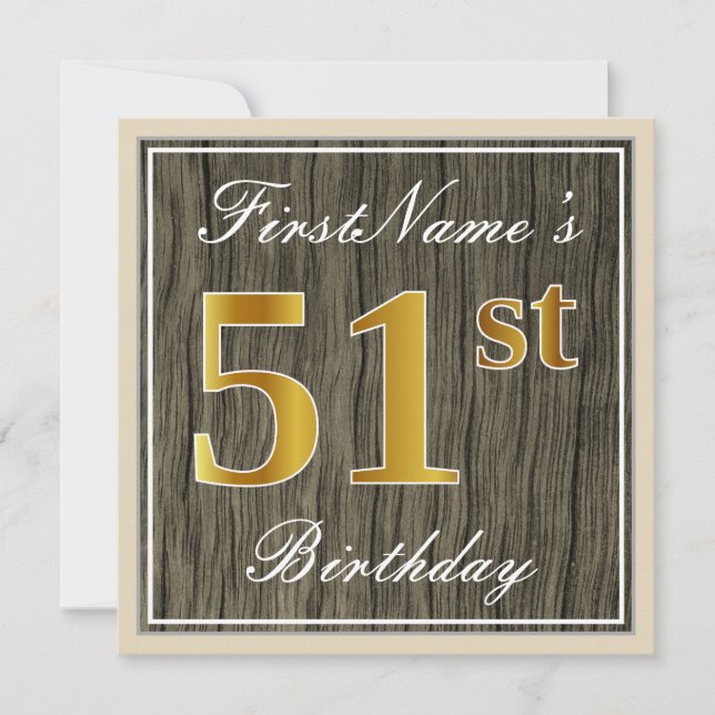 Invitación Elegante, Faux Wood, Faux Gold 51st Birthday + Nom (Anverso)
