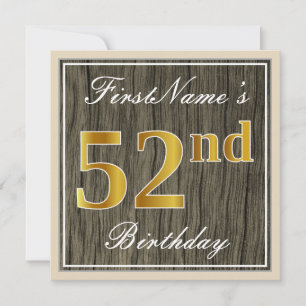 Invitación Elegante, Faux Wood, Faux Gold 52 cumpleaños + Nom