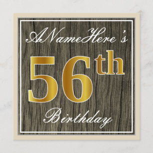 Invitación Elegante, Faux Wood, Faux Gold 56th Birthday + Nam