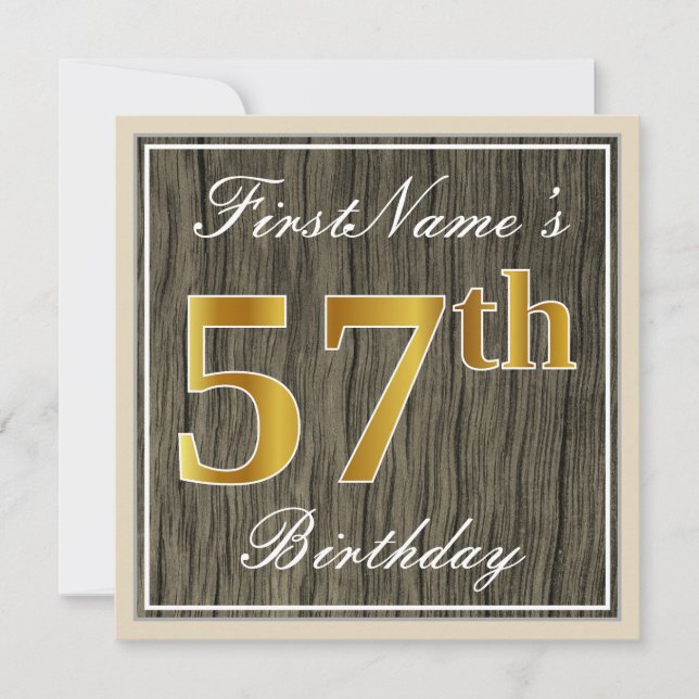 Invitación Elegante, Faux Wood, Faux Gold 57th Birthday + Nam (Anverso)