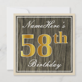 Invitación Elegante, Faux Wood, Faux Gold 58th Birthday + Nam