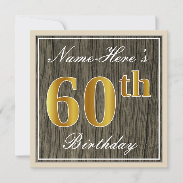 Invitación Elegante, Faux Wood, Faux Gold 60th Birthday + Nom (Anverso)