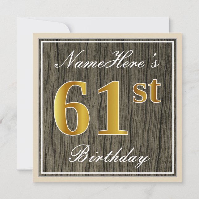 Invitación Elegante, Faux Wood, Faux Gold 61 cumpleaños + Nom (Anverso)