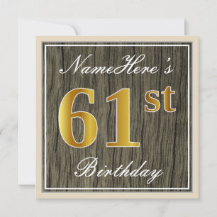 Invitación Elegante, Faux Wood, Faux Gold 61 cumpleaños + Nom