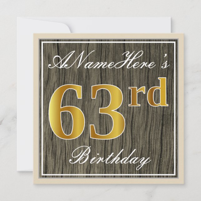 Invitación Elegante, Faux Wood, Faux Gold 63rd Birthday + Nam (Anverso)