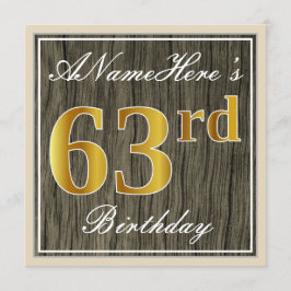 Invitación Elegante, Faux Wood, Faux Gold 63rd Birthday + Nam