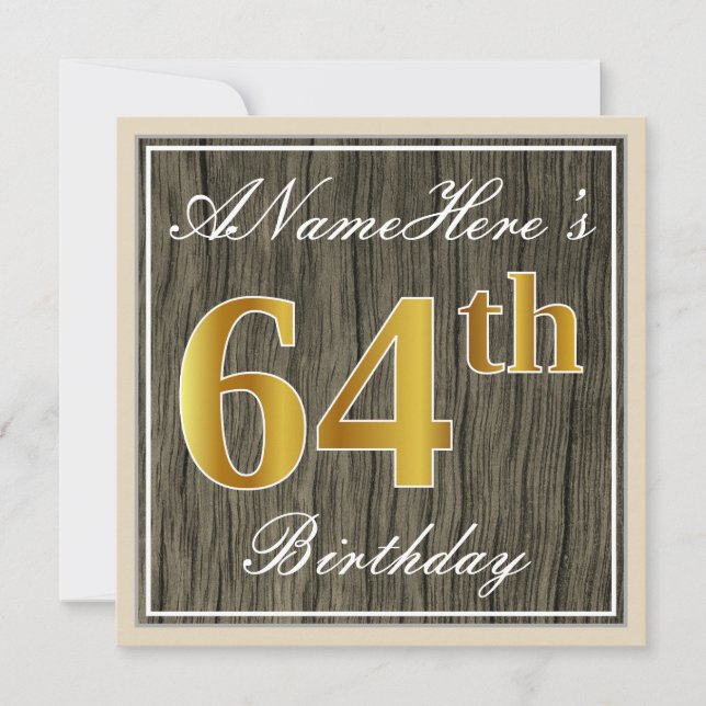 Invitación Elegante, Faux Wood, Faux Gold 64th Birthday + Nom (Anverso)