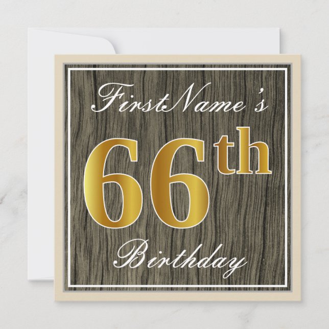 Invitación Elegante, Faux Wood, Faux Gold 66th Birthday + Nam (Anverso)