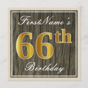 Invitación Elegante, Faux Wood, Faux Gold 66th Birthday + Nam