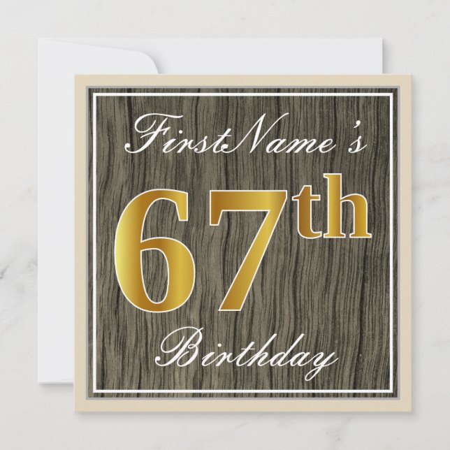 Invitación Elegante, Faux Wood, Faux Gold 67th Birthday + Nom (Anverso)