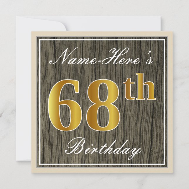 Invitación Elegante, Faux Wood, Faux Gold 68th Birthday + Nom (Anverso)